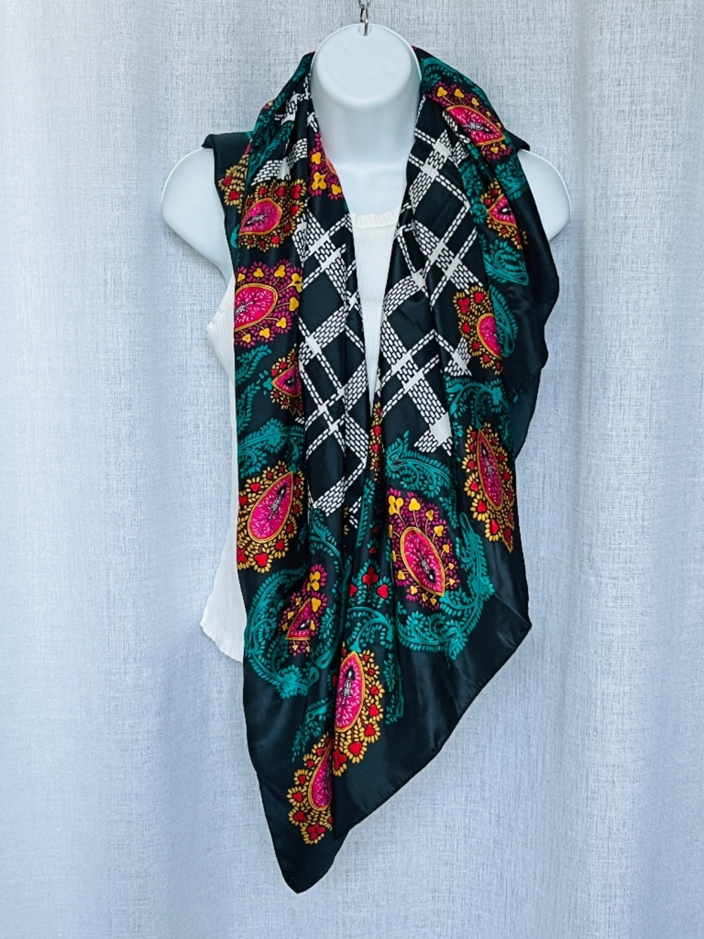 Diane Von Furstenberg Vintage Silk Square Scarf DVF Floral on Black 42" Sq